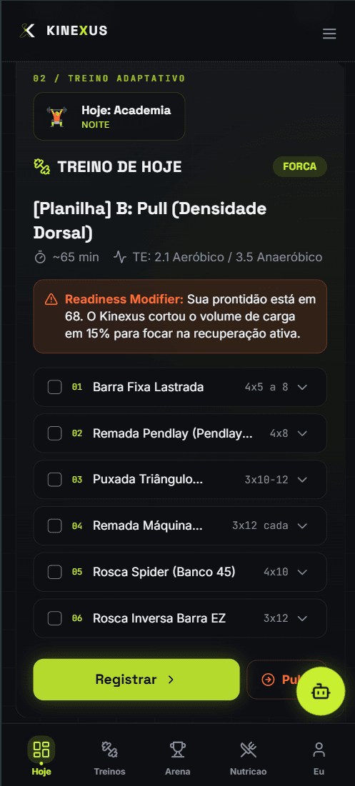 Tela de treino do Kinexus